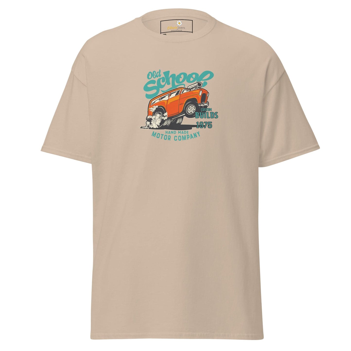 Beige t-shirt with car graphic.