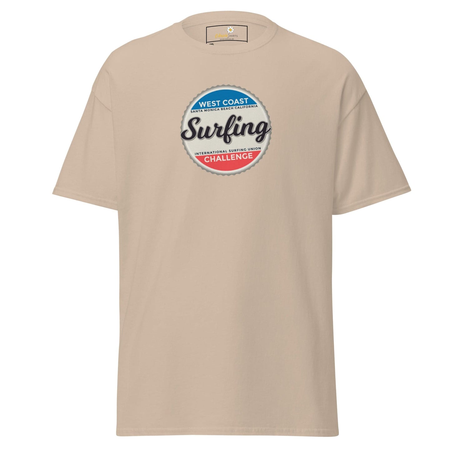 Beige t-shirt with surfing graphic.