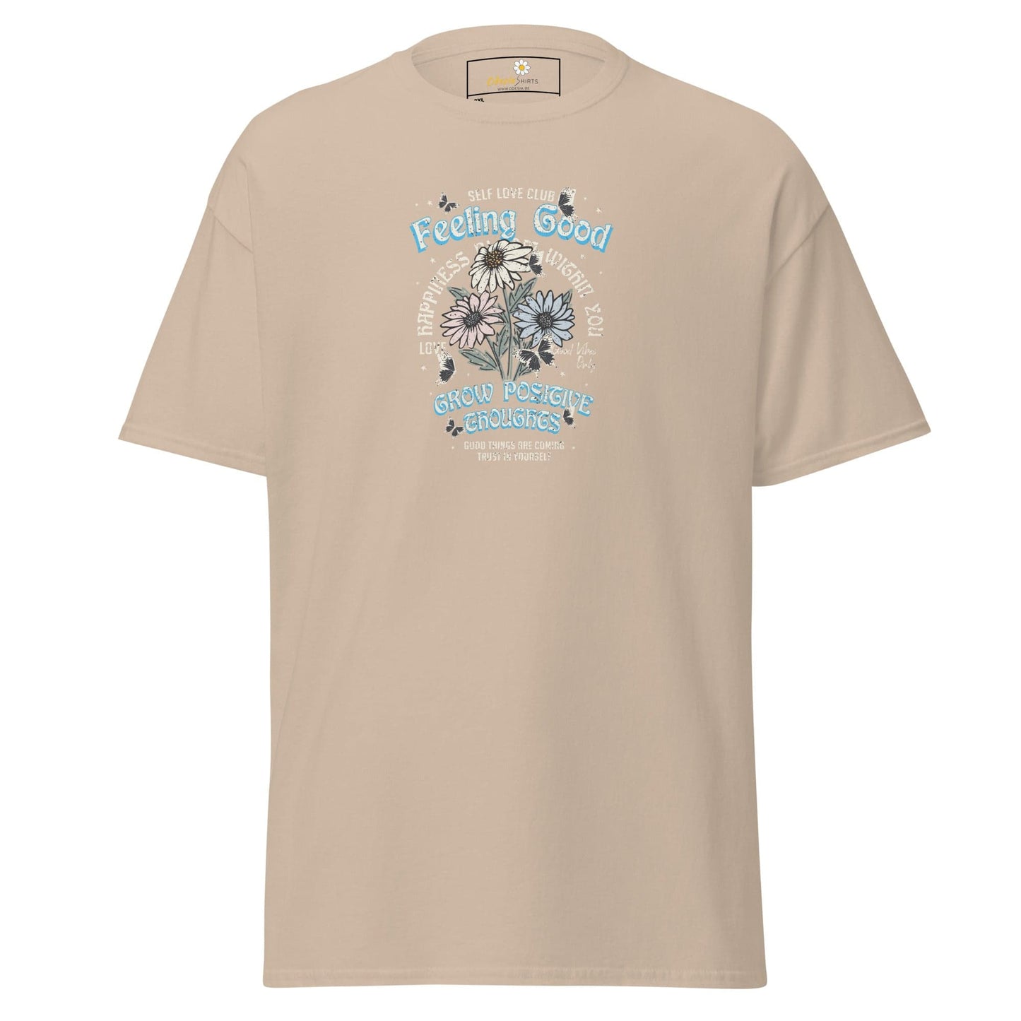 Beige t-shirt with floral graphic.