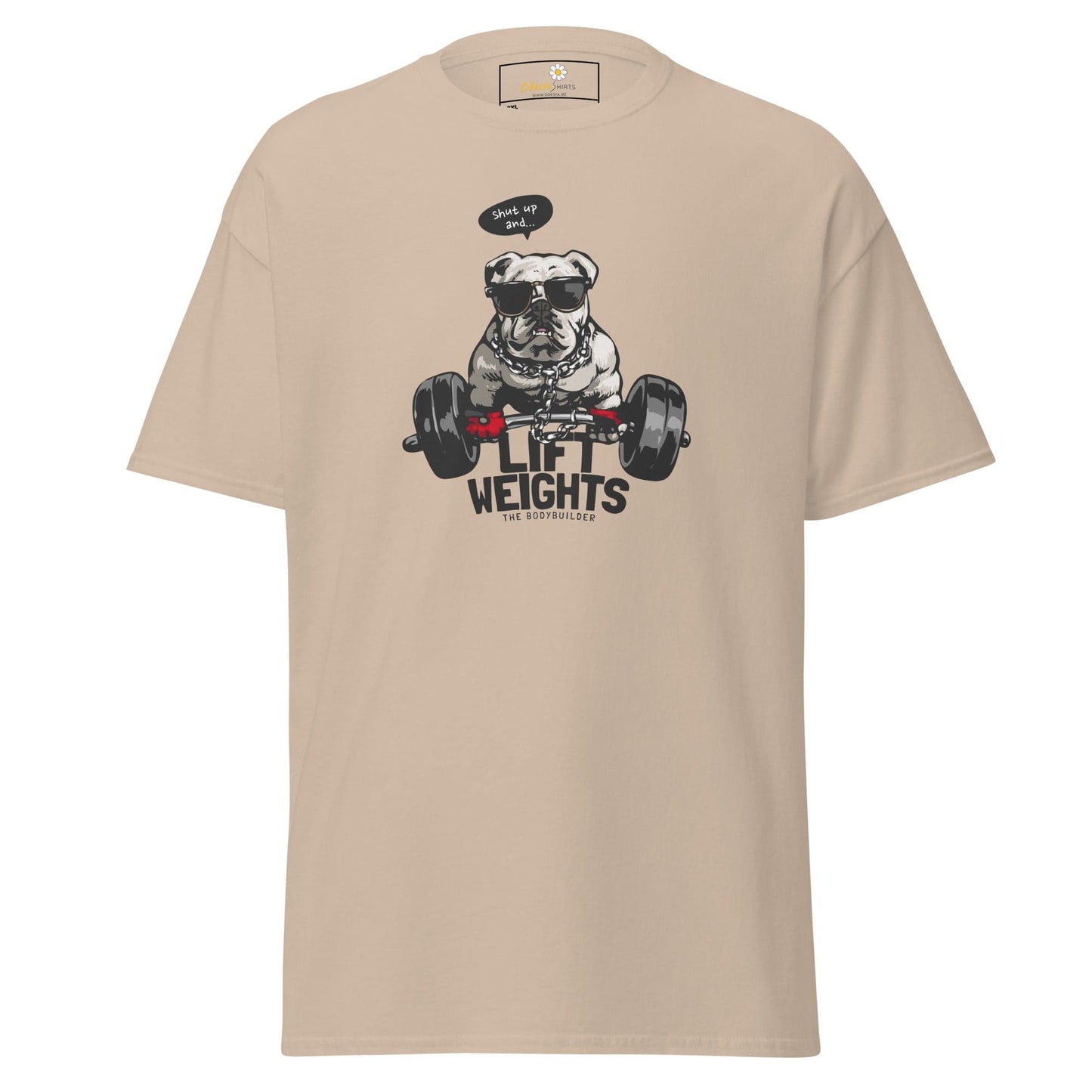Beige t-shirt with dog weightlifter graphic.