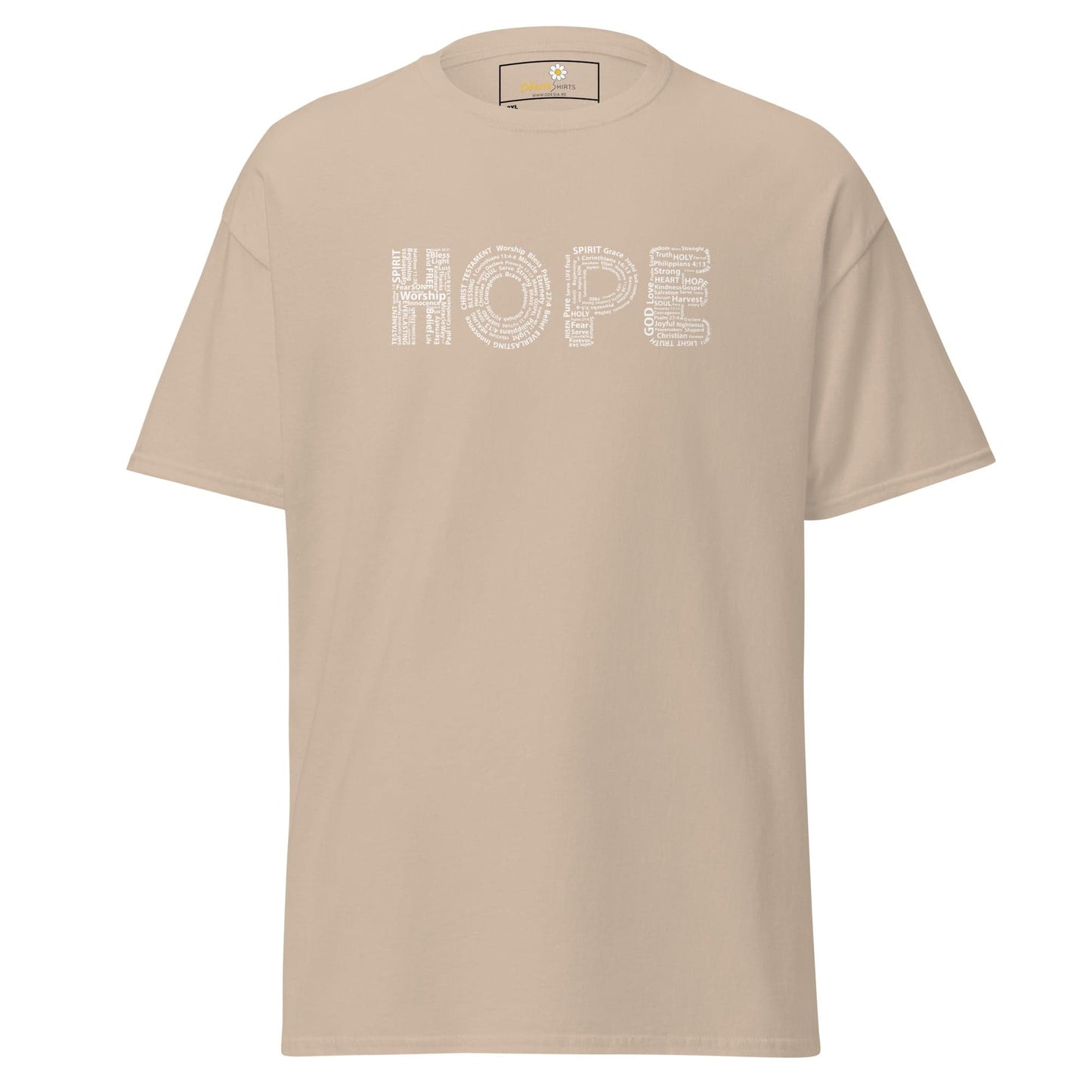 Beige t-shirt with ’HOPE’ design.