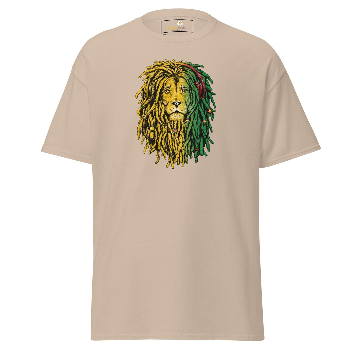 Beige t-shirt with lion graphic.