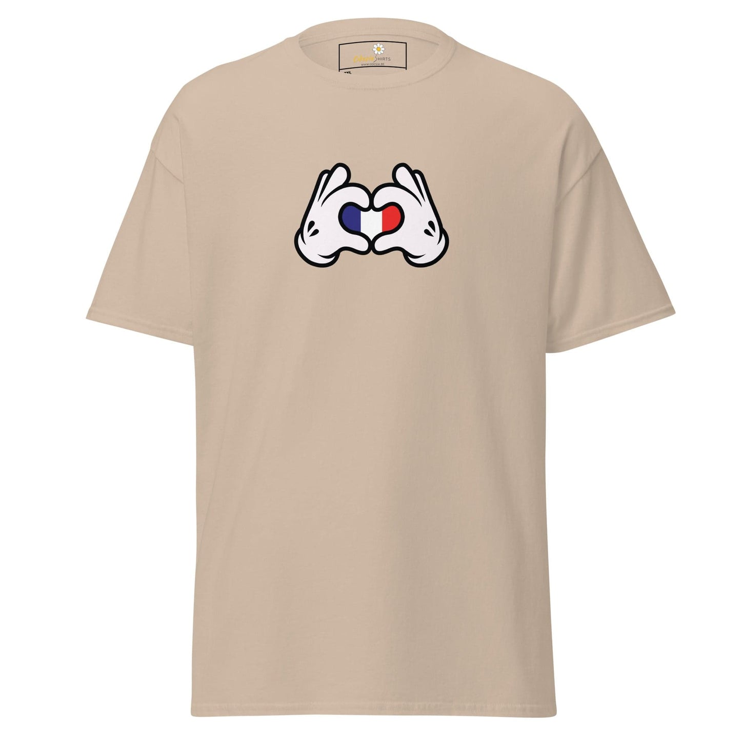 Beige t-shirt with cartoon hands forming a heart with the French flag.