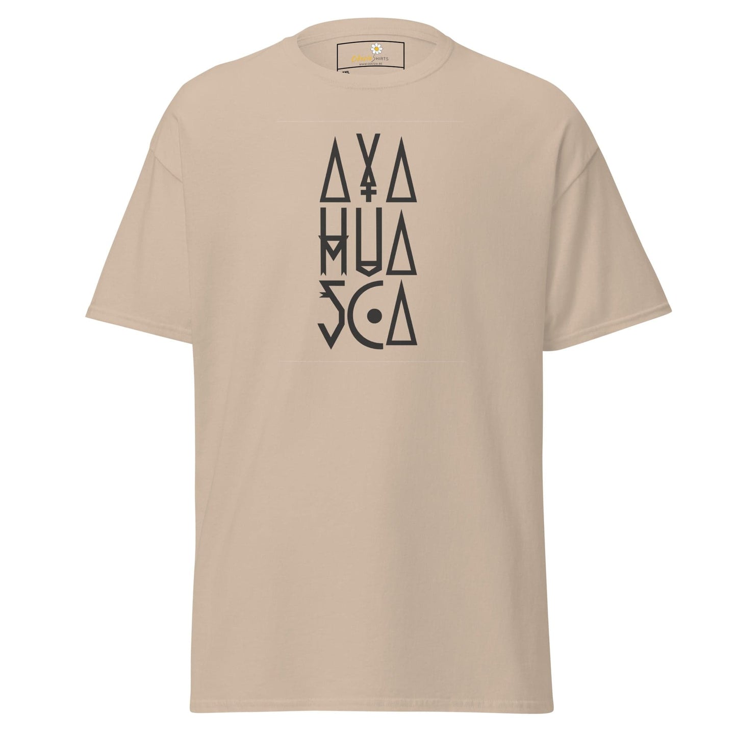 Beige t-shirt with black lettering.