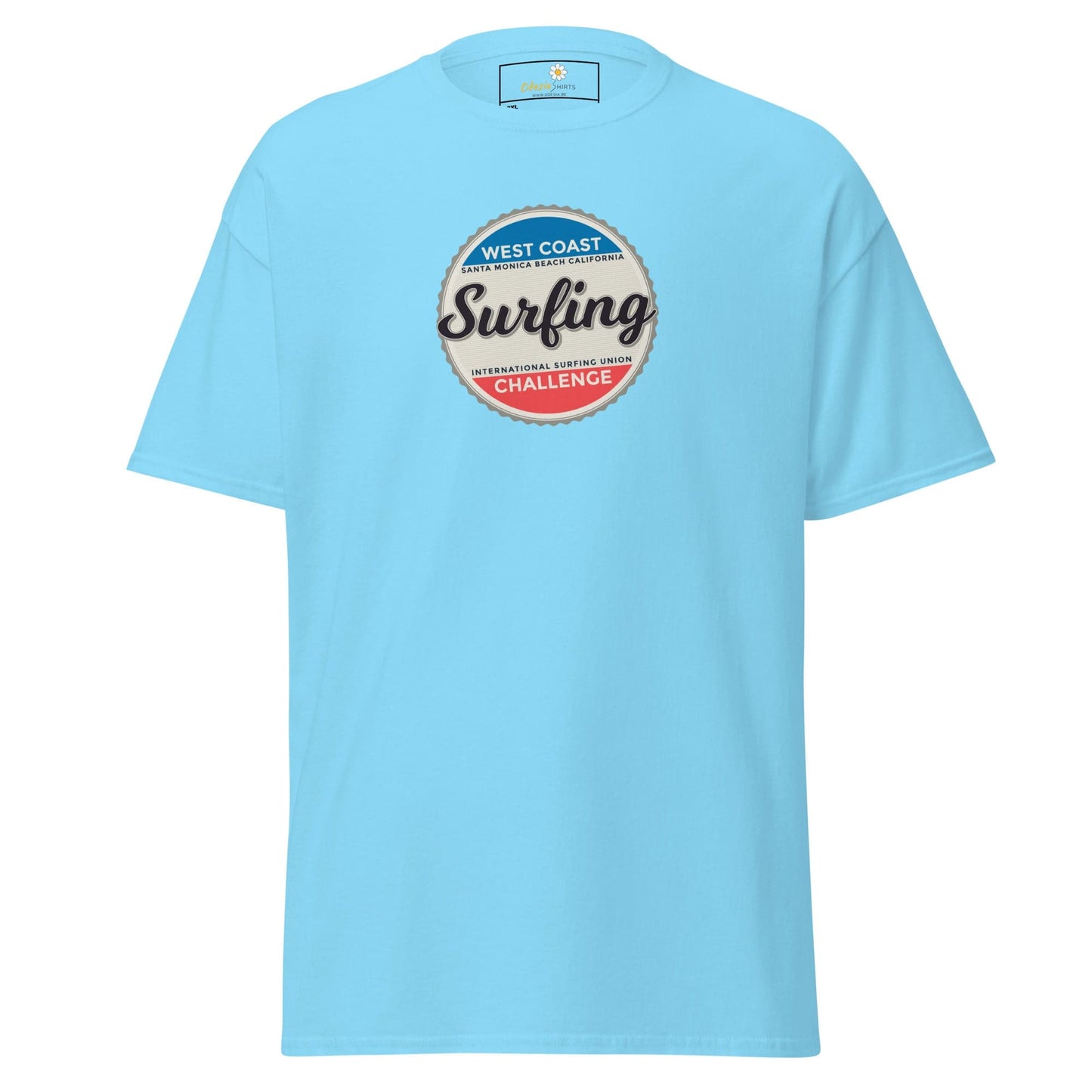 Light blue t-shirt with surfing graphic.