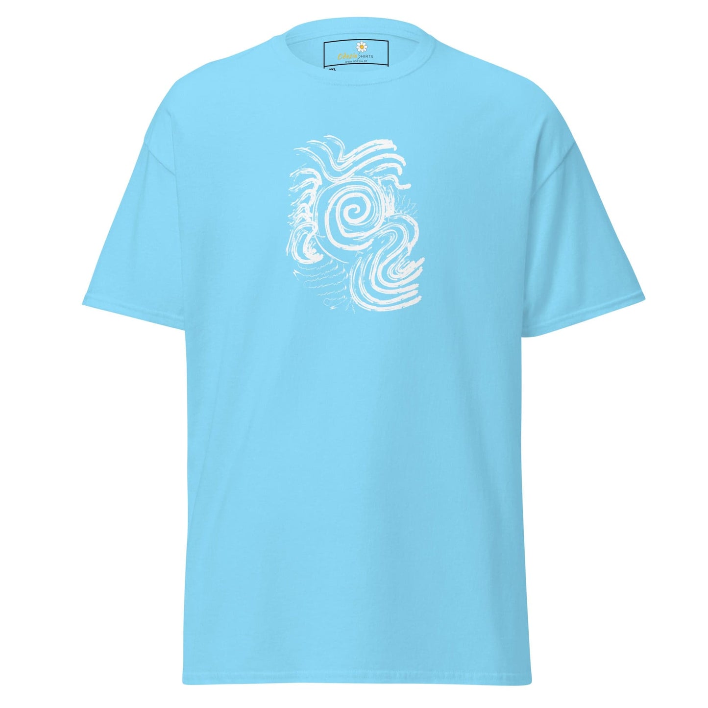 Light blue T-shirt with white swirl design for Men and Women in 2XL to 5XL sizes