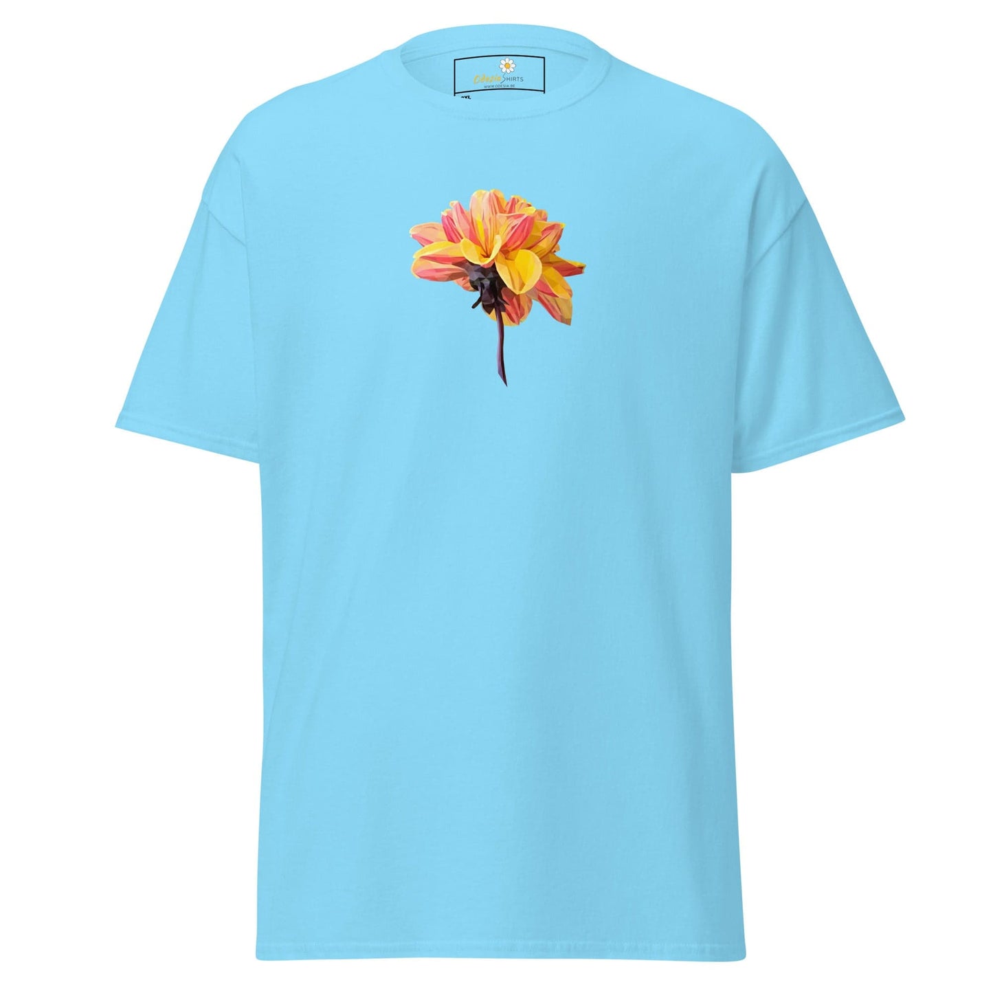 Light blue t-shirt with a flower.