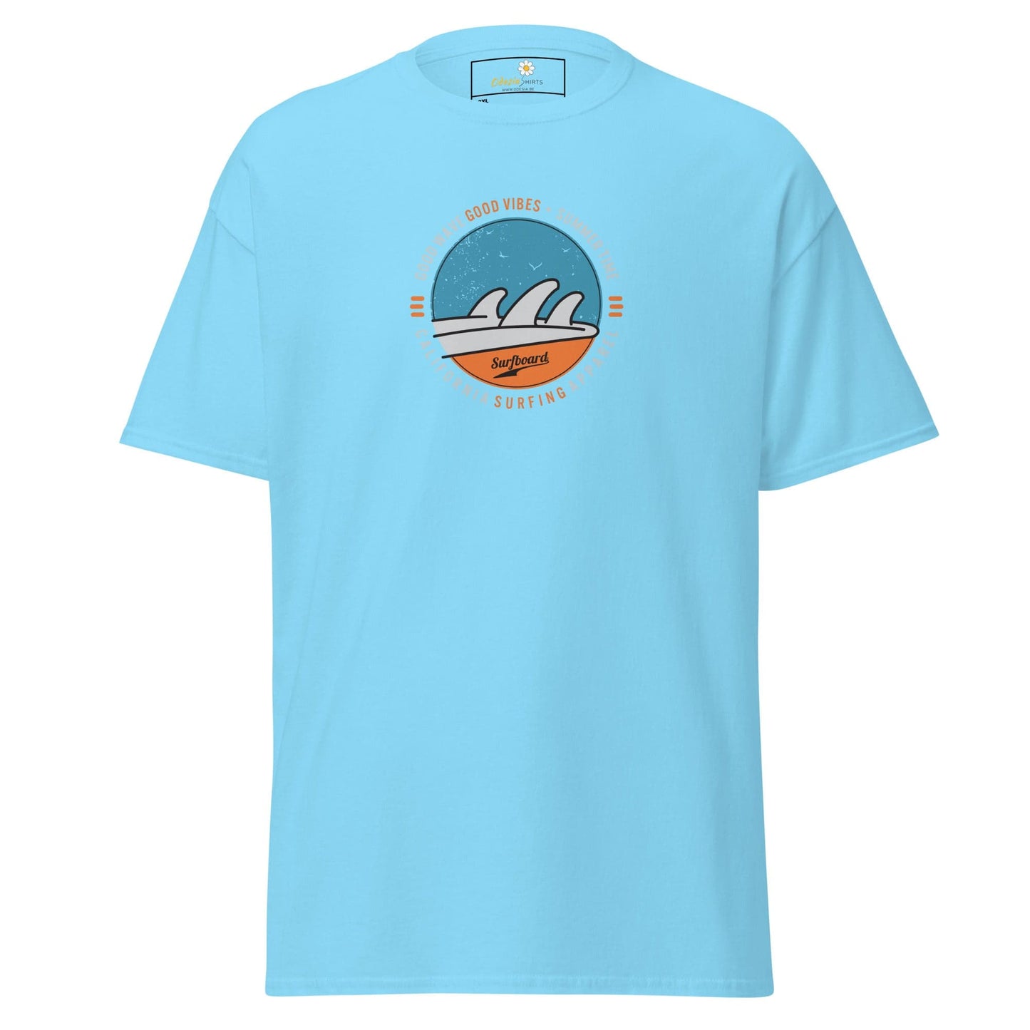 Light blue t-shirt with a circular graphic.