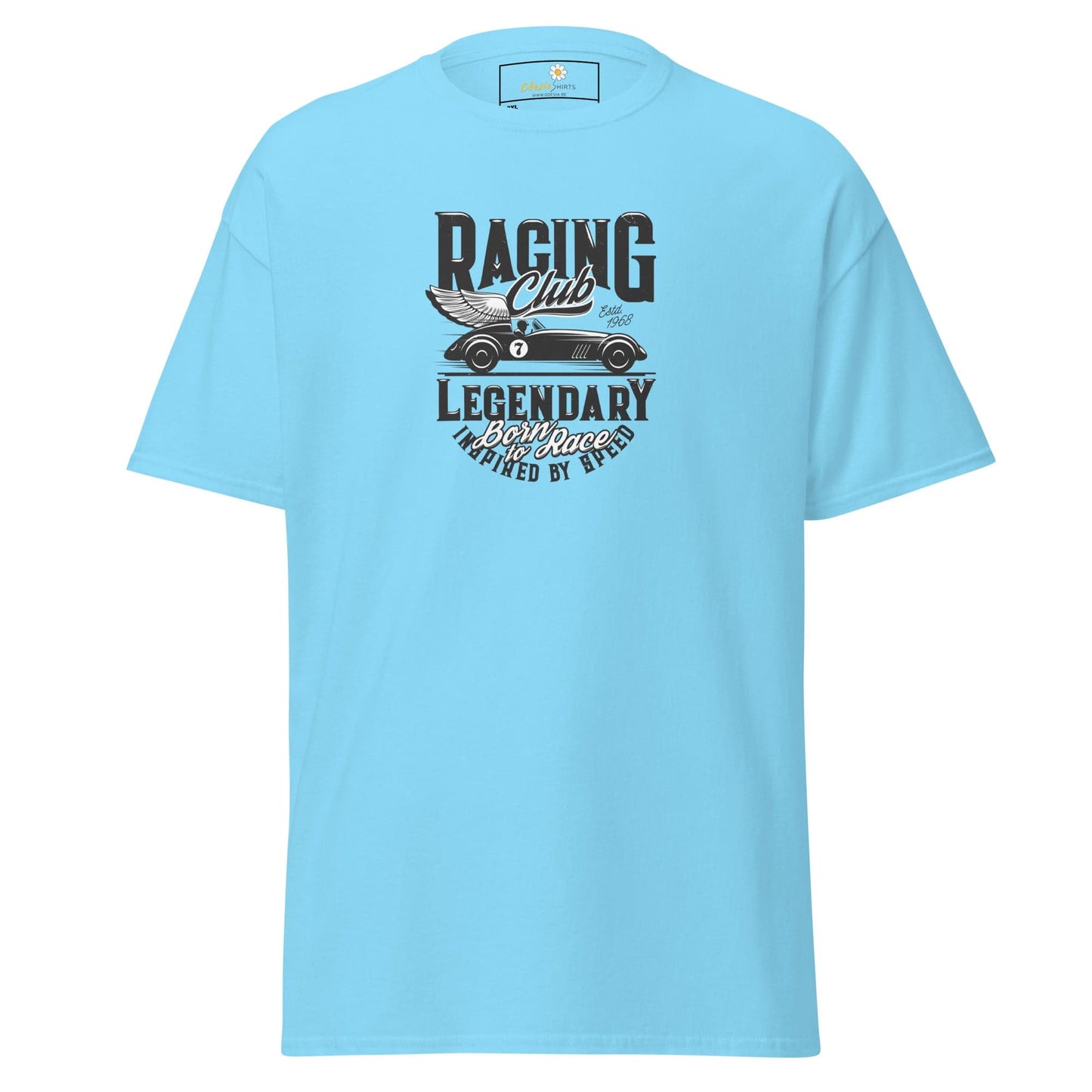 Light blue t-shirt with a racing car graphic.