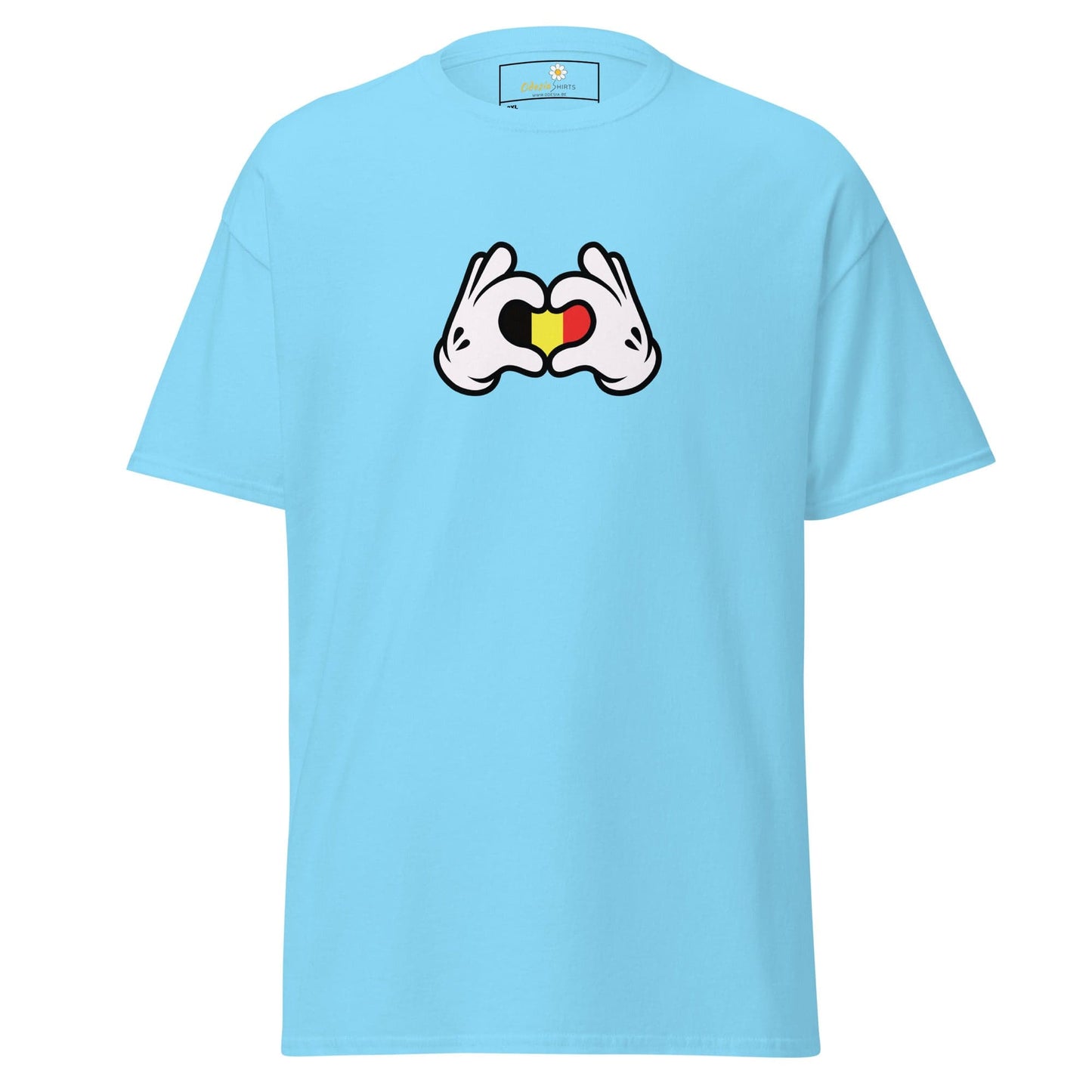 Light blue t-shirt with heart-shaped hands.