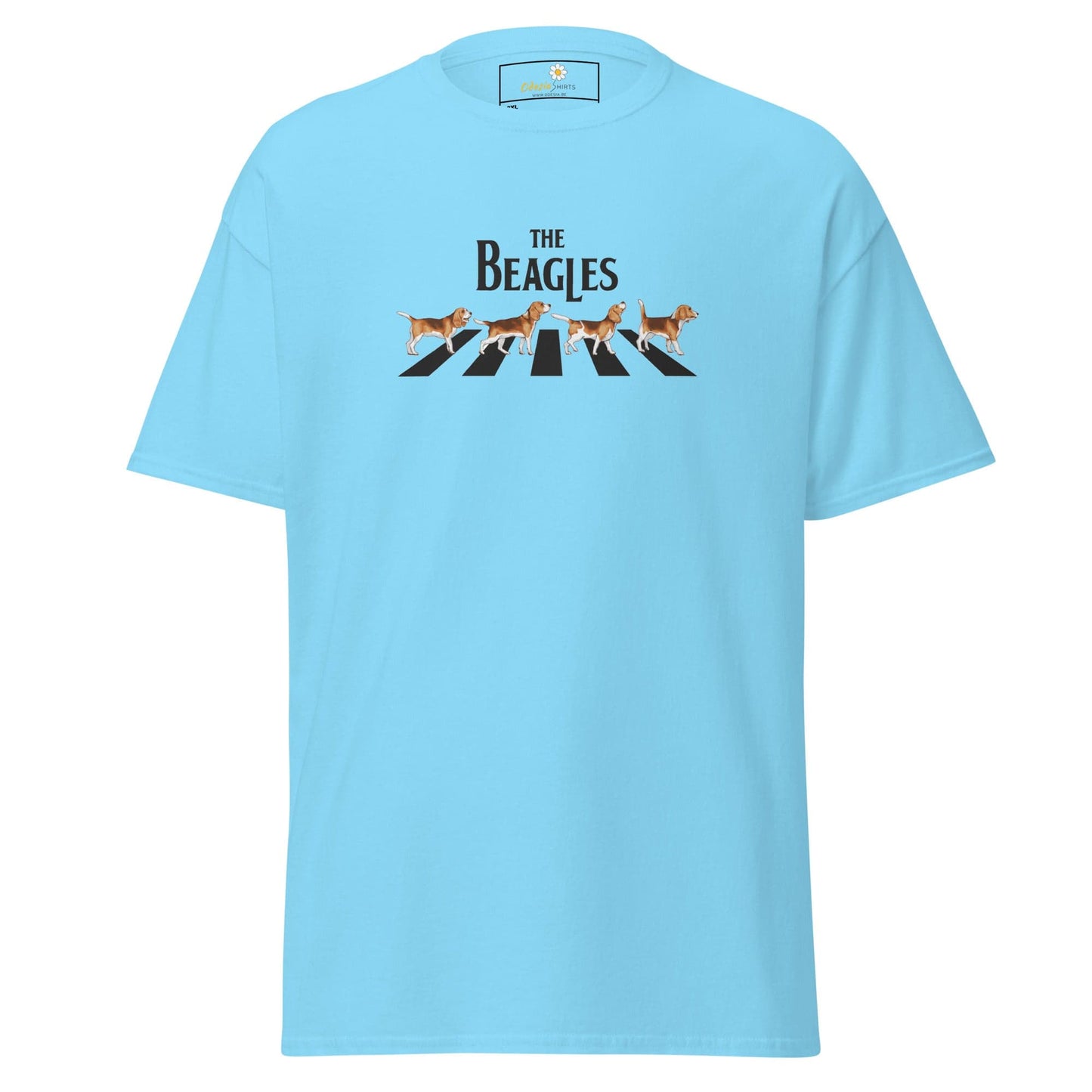 Light blue t-shirt with ’The Beagles’ graphic.