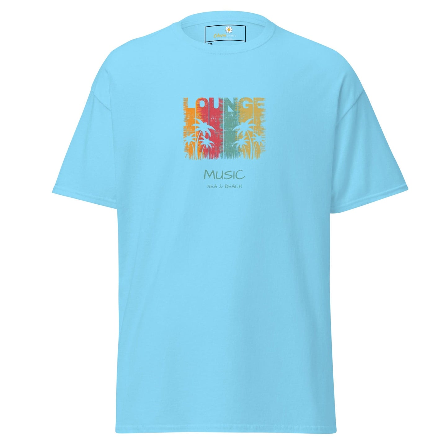 Light blue T-shirt with lounge music design for men and women in sizes 2XL to 5XL
