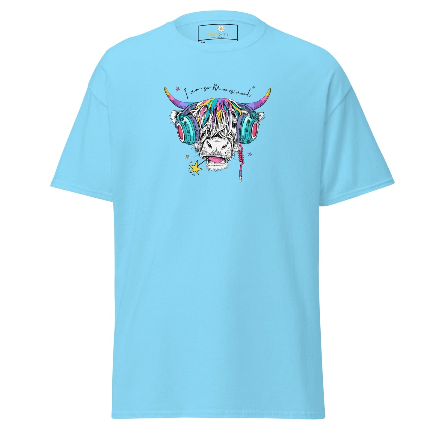 Light blue t-shirt with a colorful cow wearing headphones.