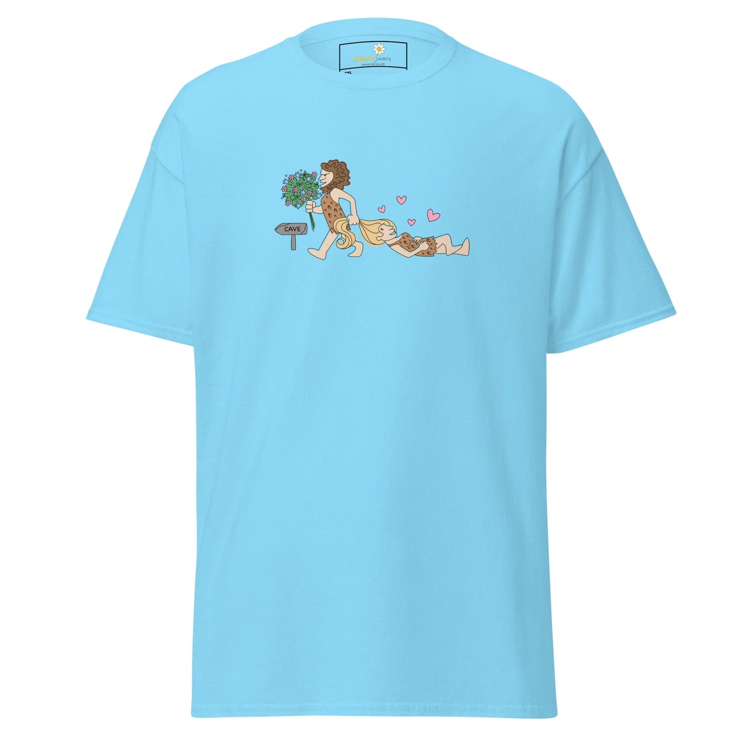 Light blue T-shirt with caveman graphic for men and women in sizes 2XL to 5XL