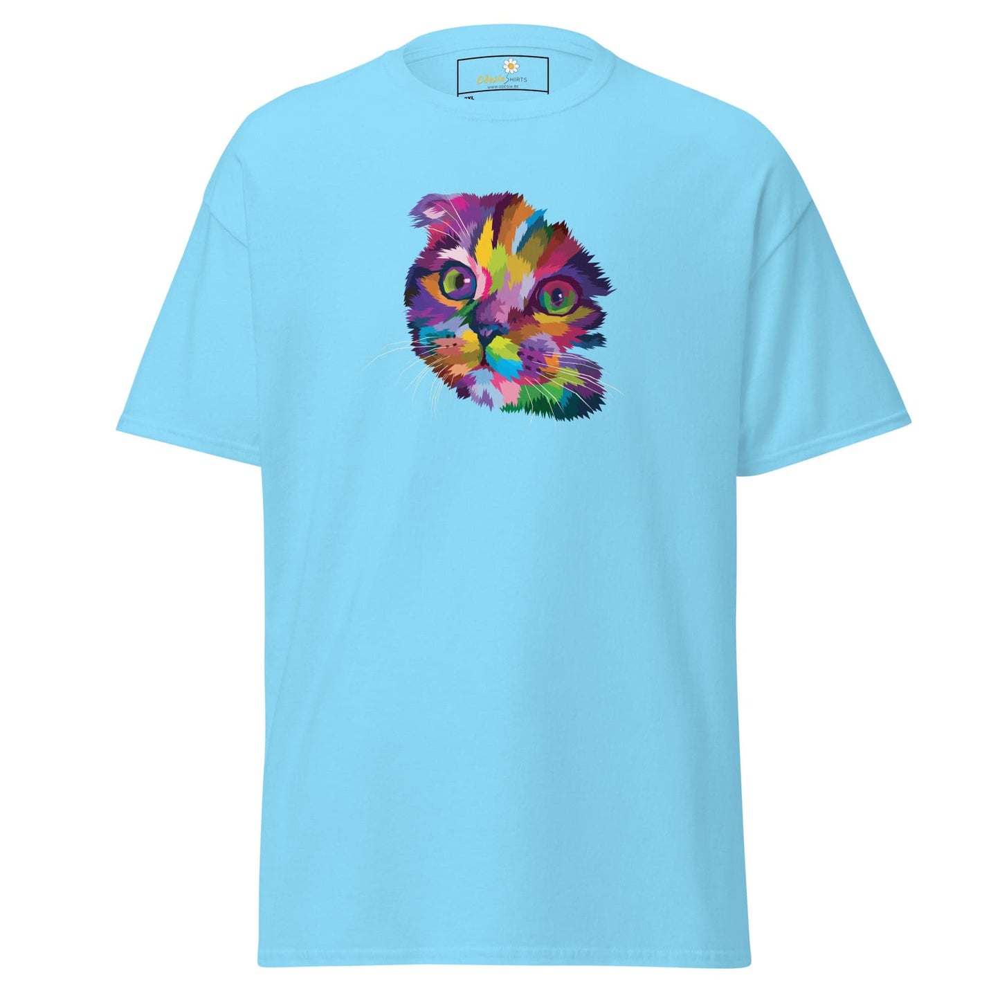 Light blue T-shirt with a colorful cat face design for men and women in 2XL to 5XL sizes