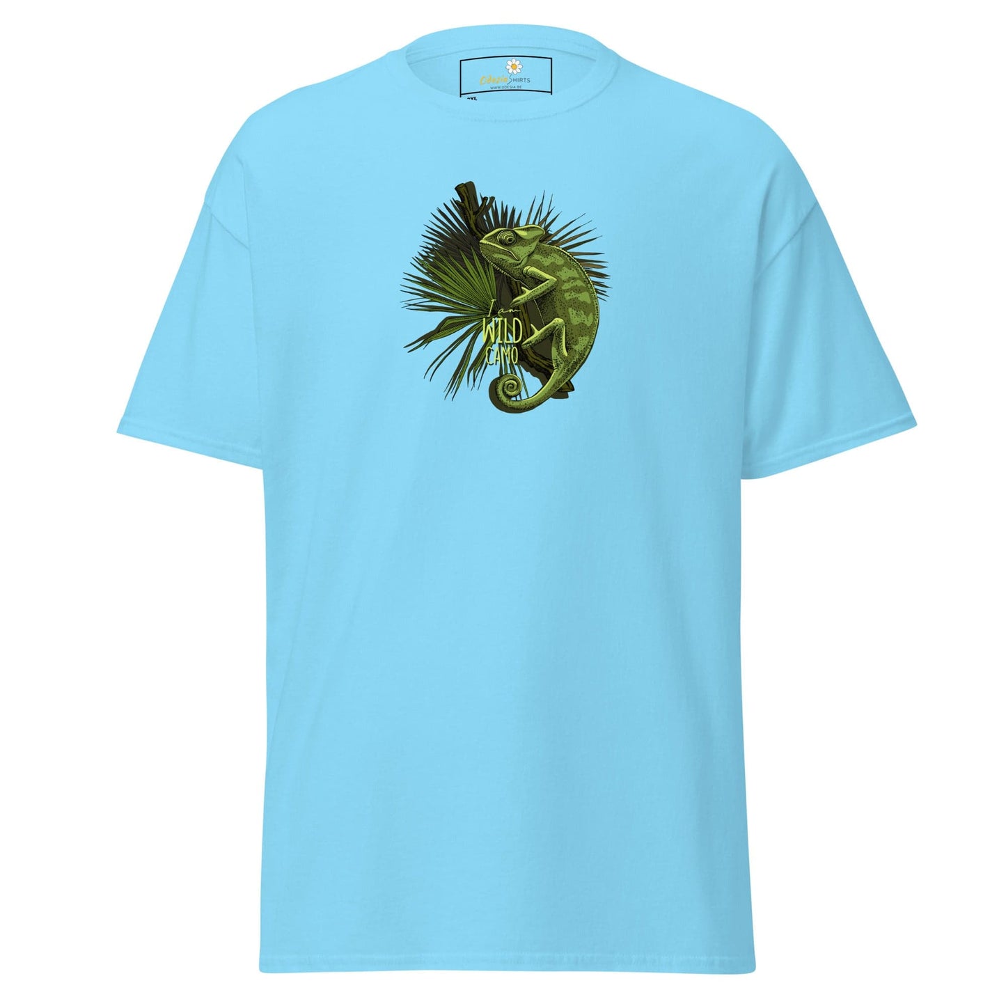Light blue t-shirt with chameleon graphic.