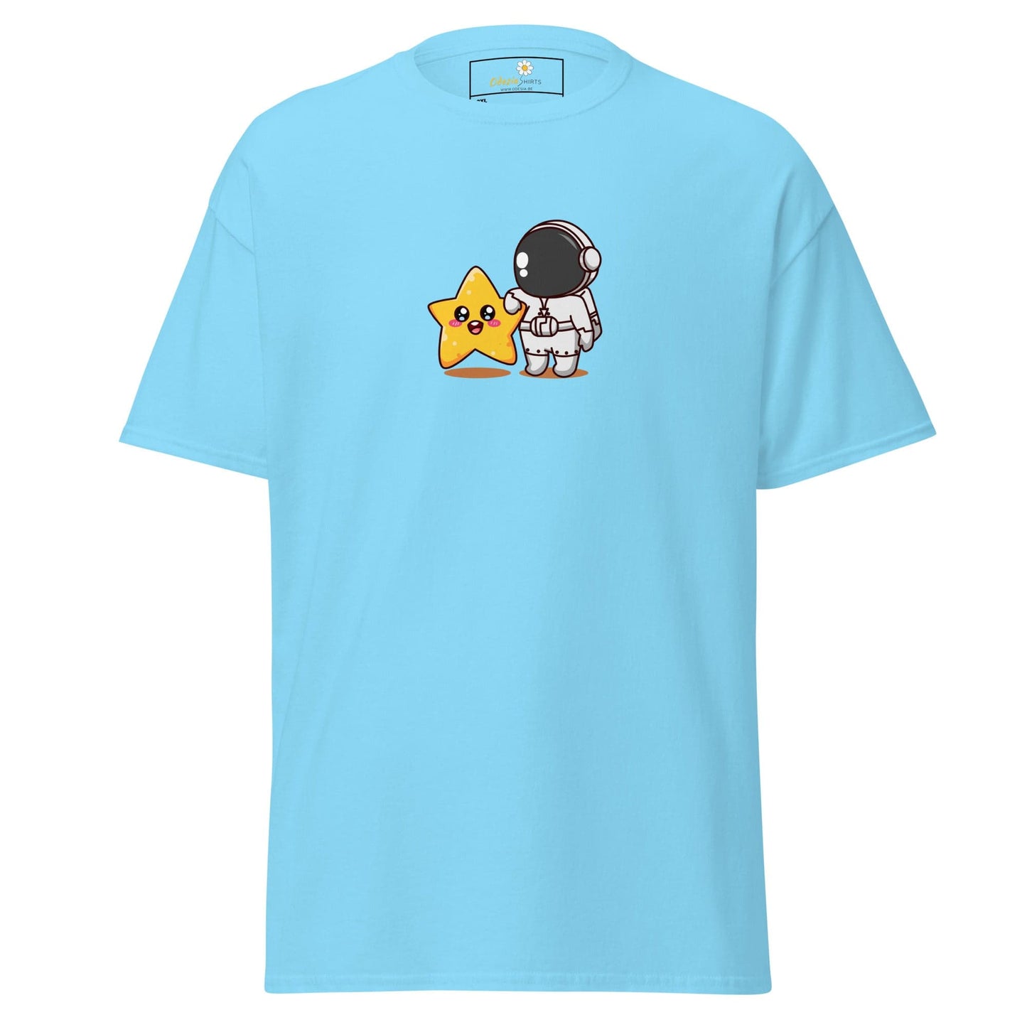Light blue t-shirt with astronaut and star graphic.