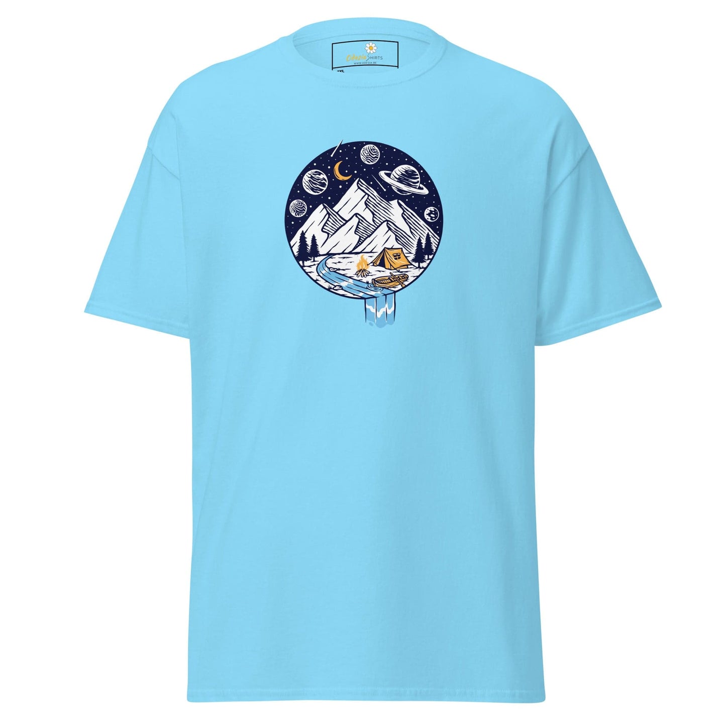 Light blue t-shirt with camping graphic.