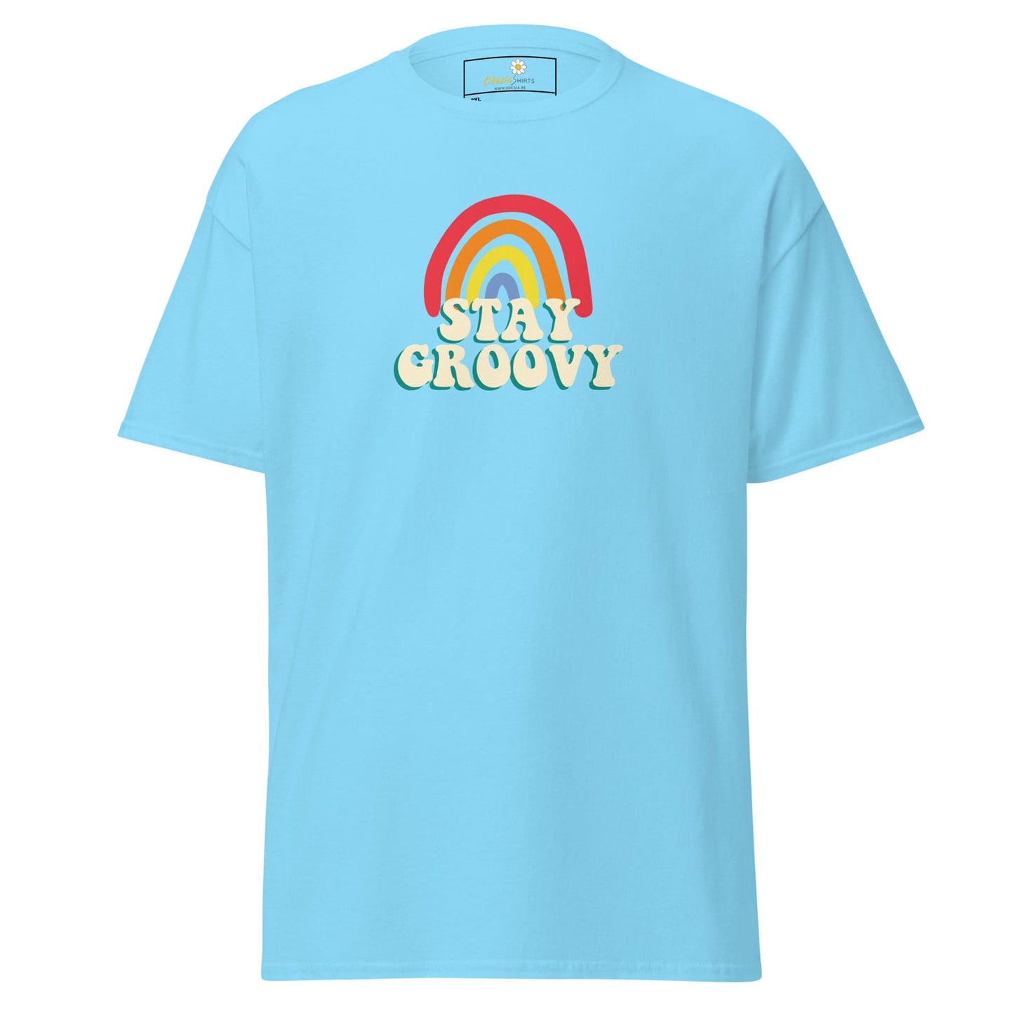Light blue t-shirt with rainbow and ’Stay Groovy’ text.