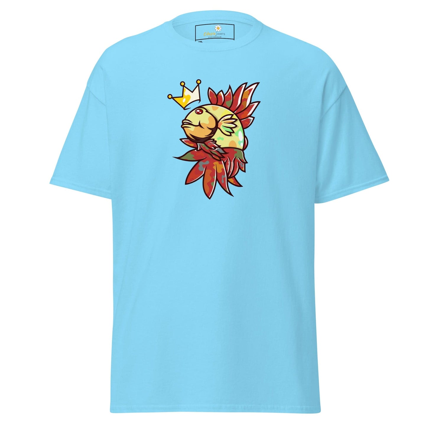 Light blue T-shirt with a fish graphic for men and women in sizes 2XL to 5XL