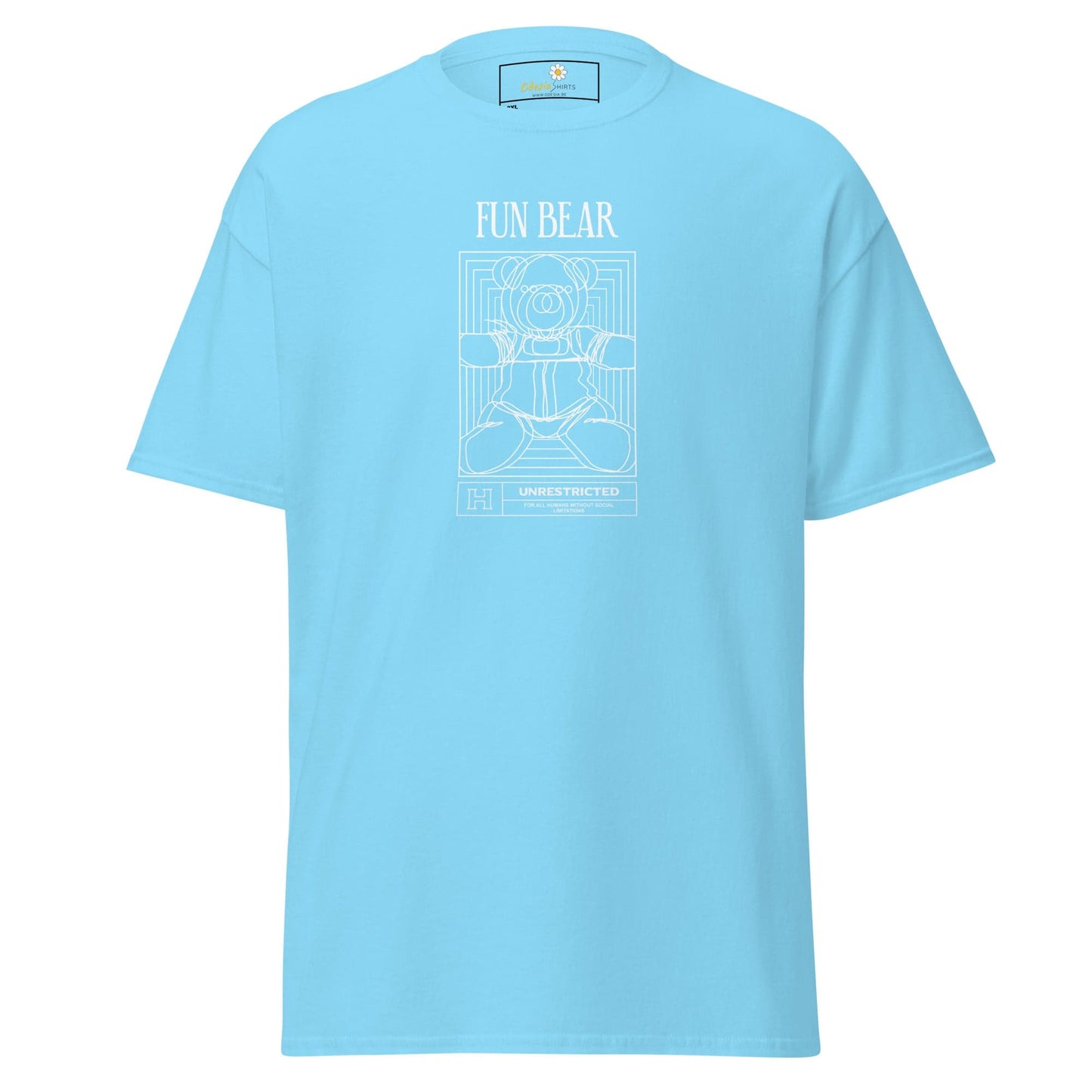 Light blue t-shirt with a white graphic.