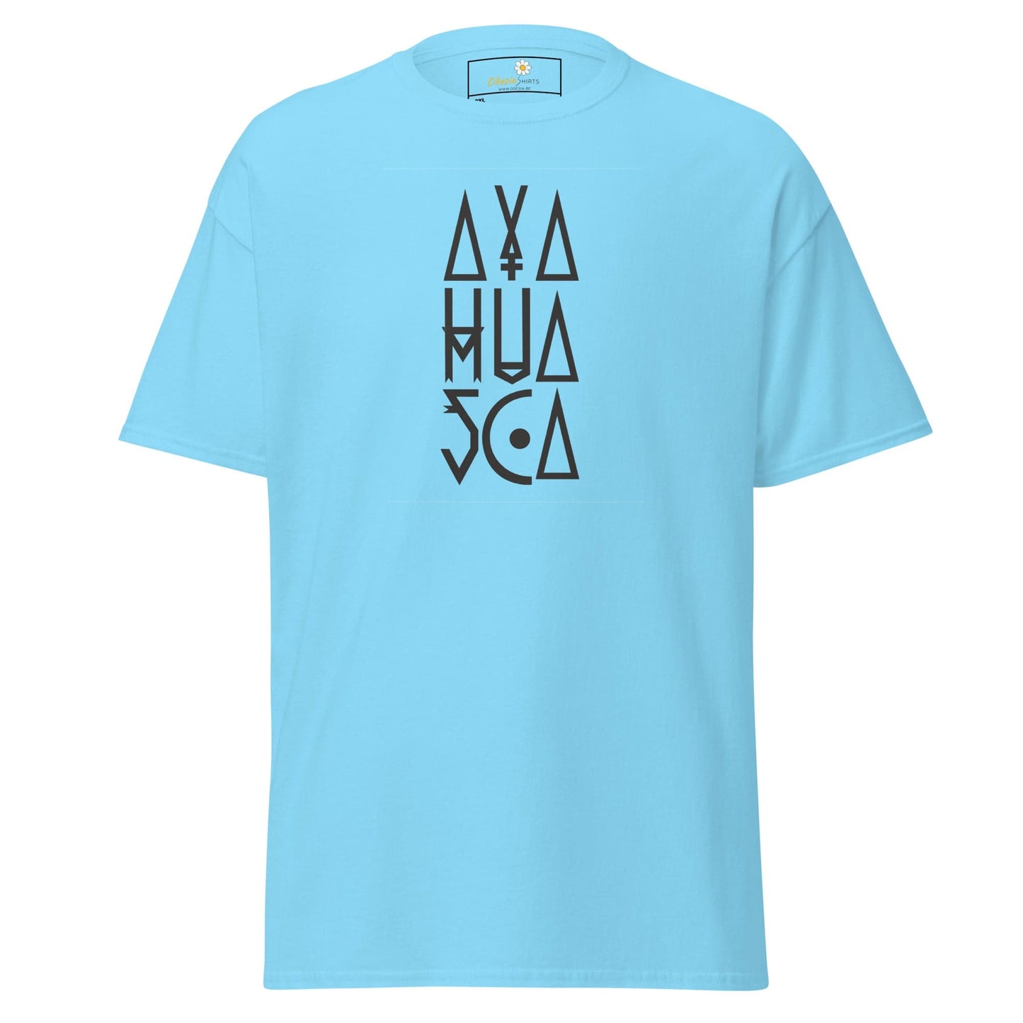Light blue t-shirt with black geometric design.