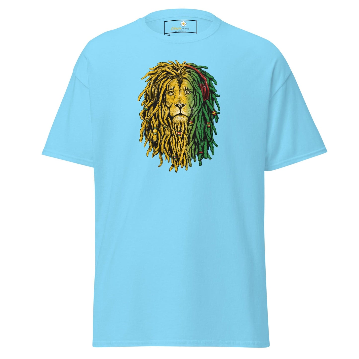 Light blue t-shirt with lion graphic.