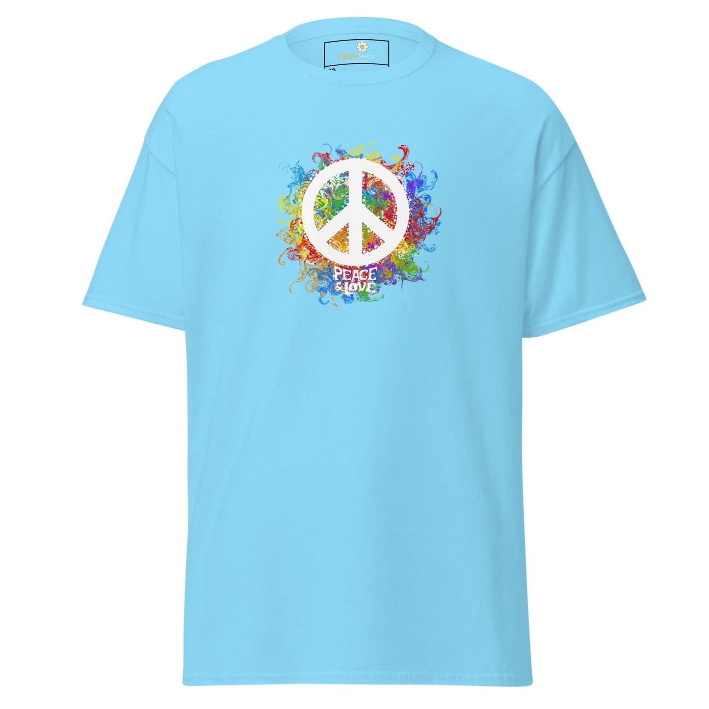 Light blue T-shirt with peace symbol, suitable for men and women in sizes 2XL to 5XL