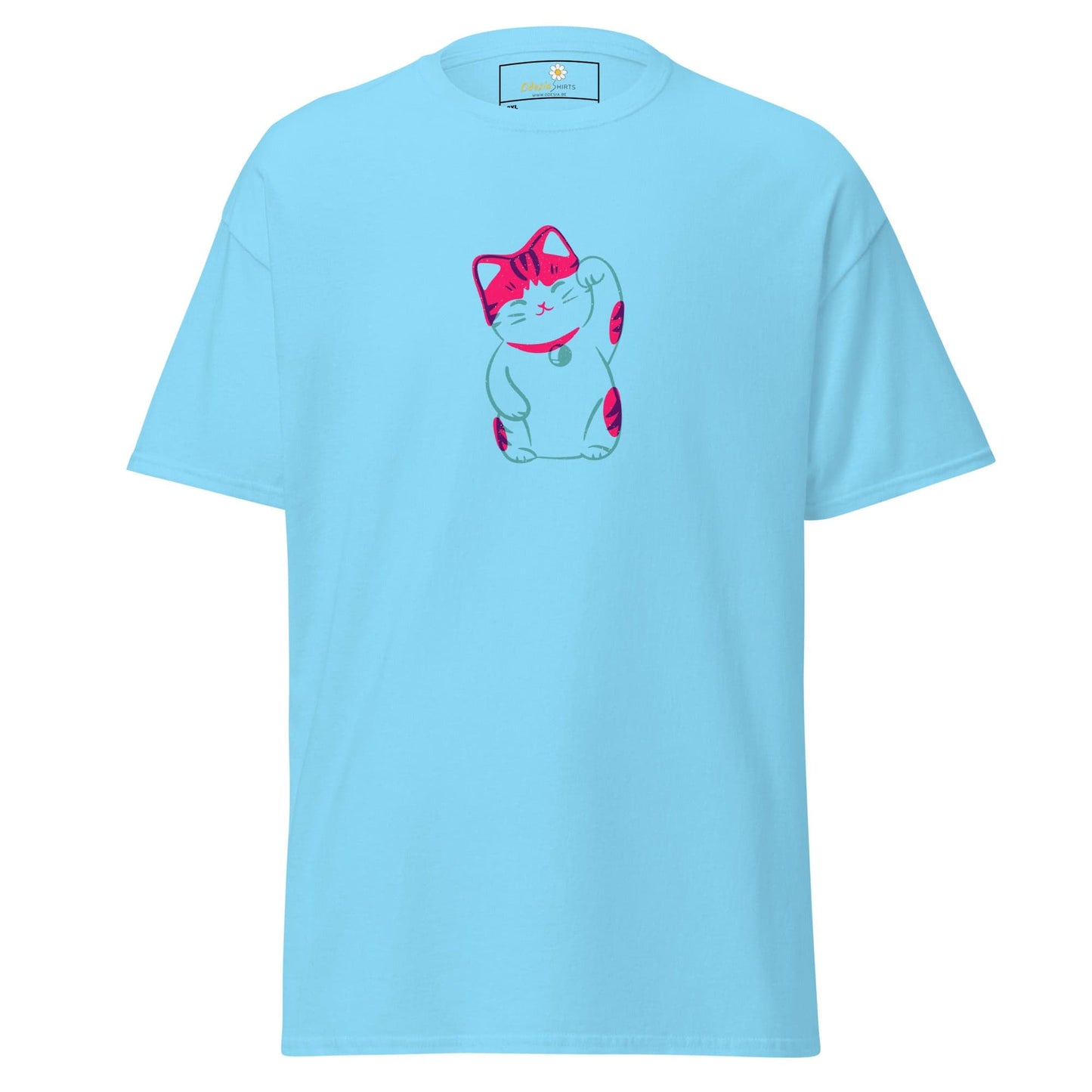 Light blue T-shirt with pink and white Lucky Cat design for men and women in larger sizes