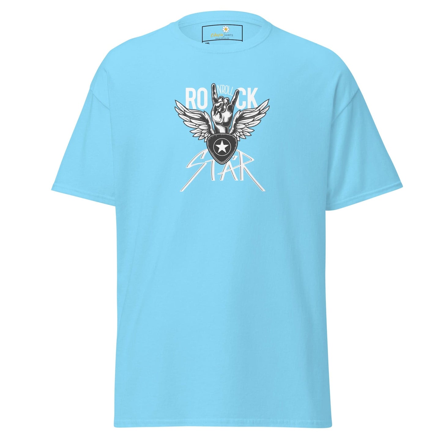 Light blue T-shirt featuring a rock star graphic for men and women in 2XL to 5XL sizes