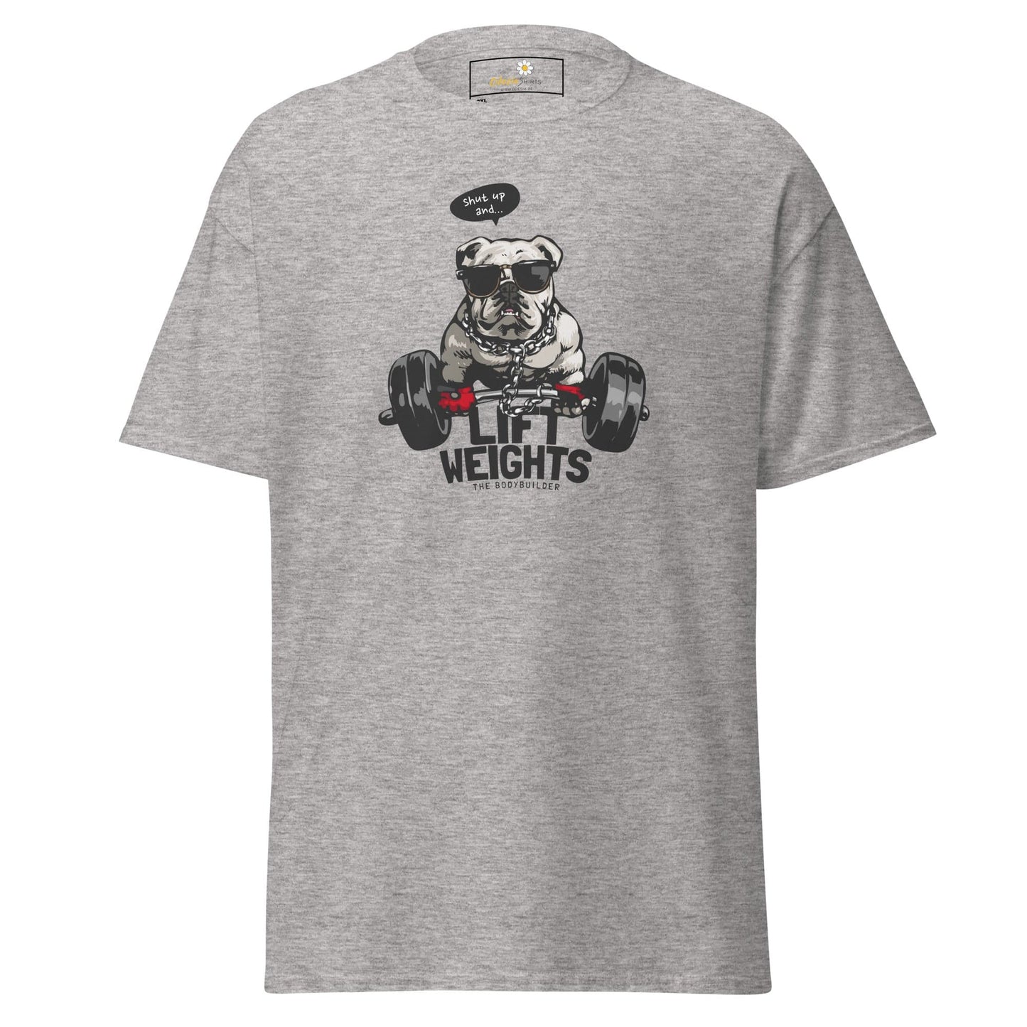 Gray t-shirt with dog weightlifter graphic.