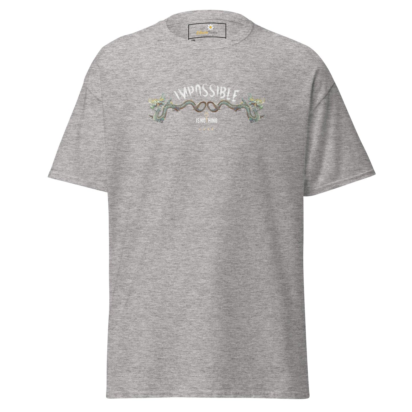 Gray t-shirt with graphic.