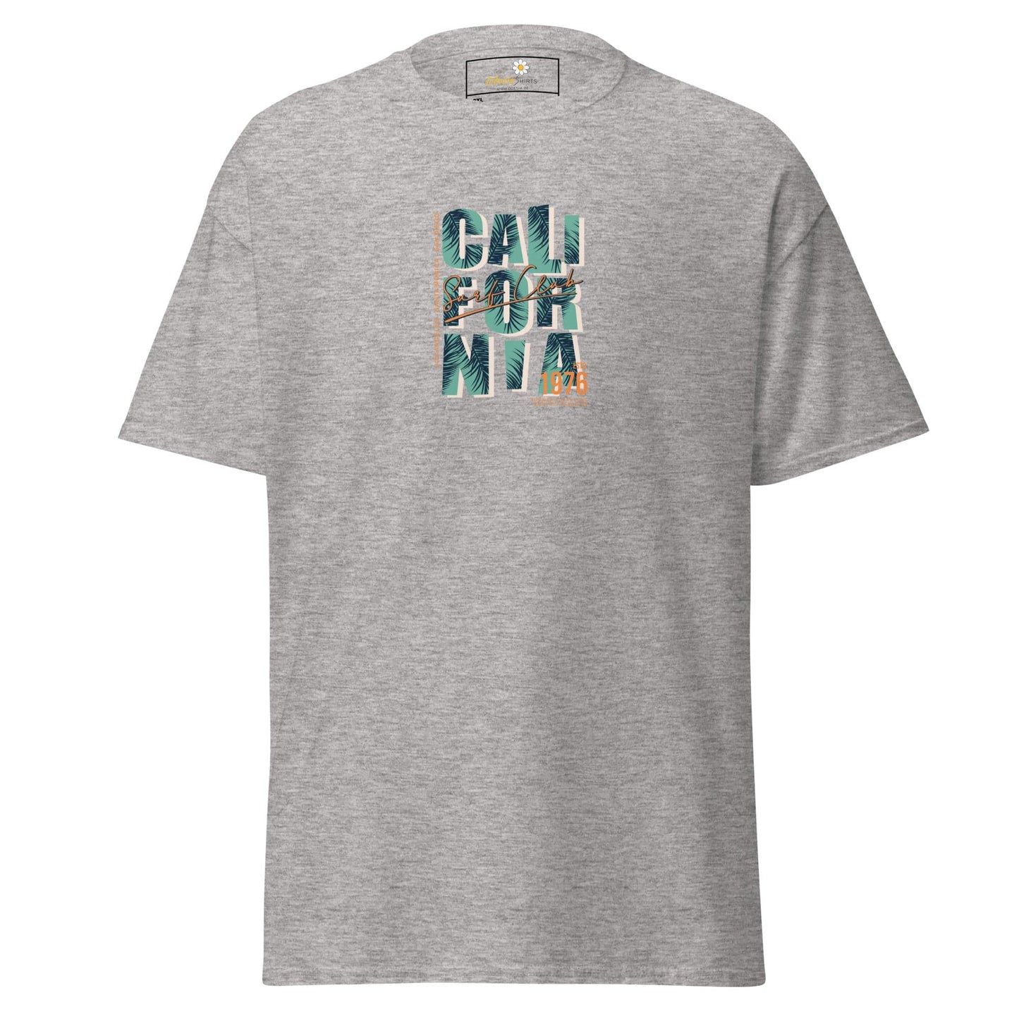 Gray t-shirt with ’California’ text.