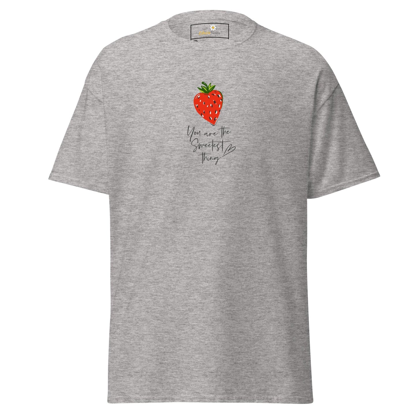 Gray t-shirt with strawberry graphic.