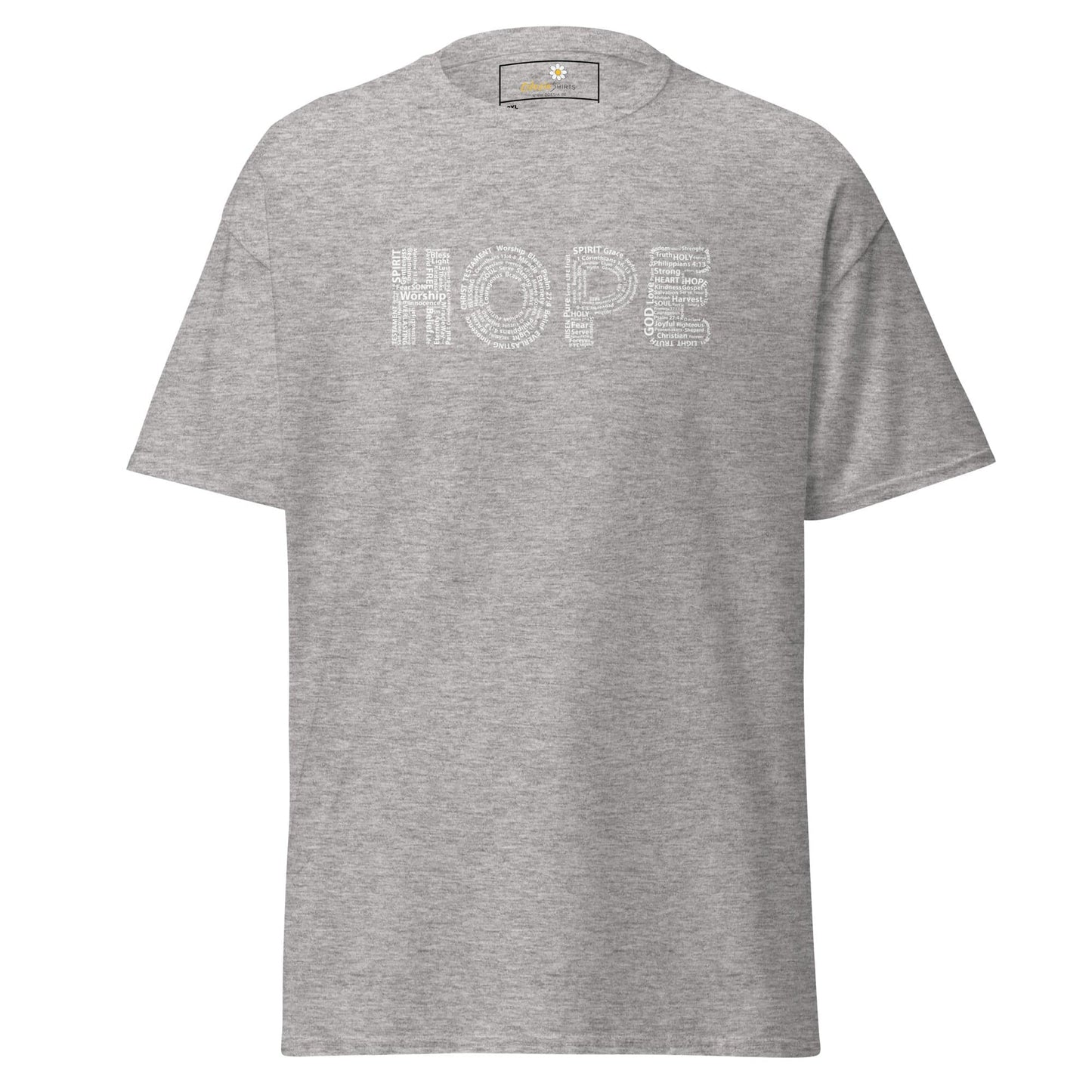 Gray t-shirt with ’HOPE’ text.