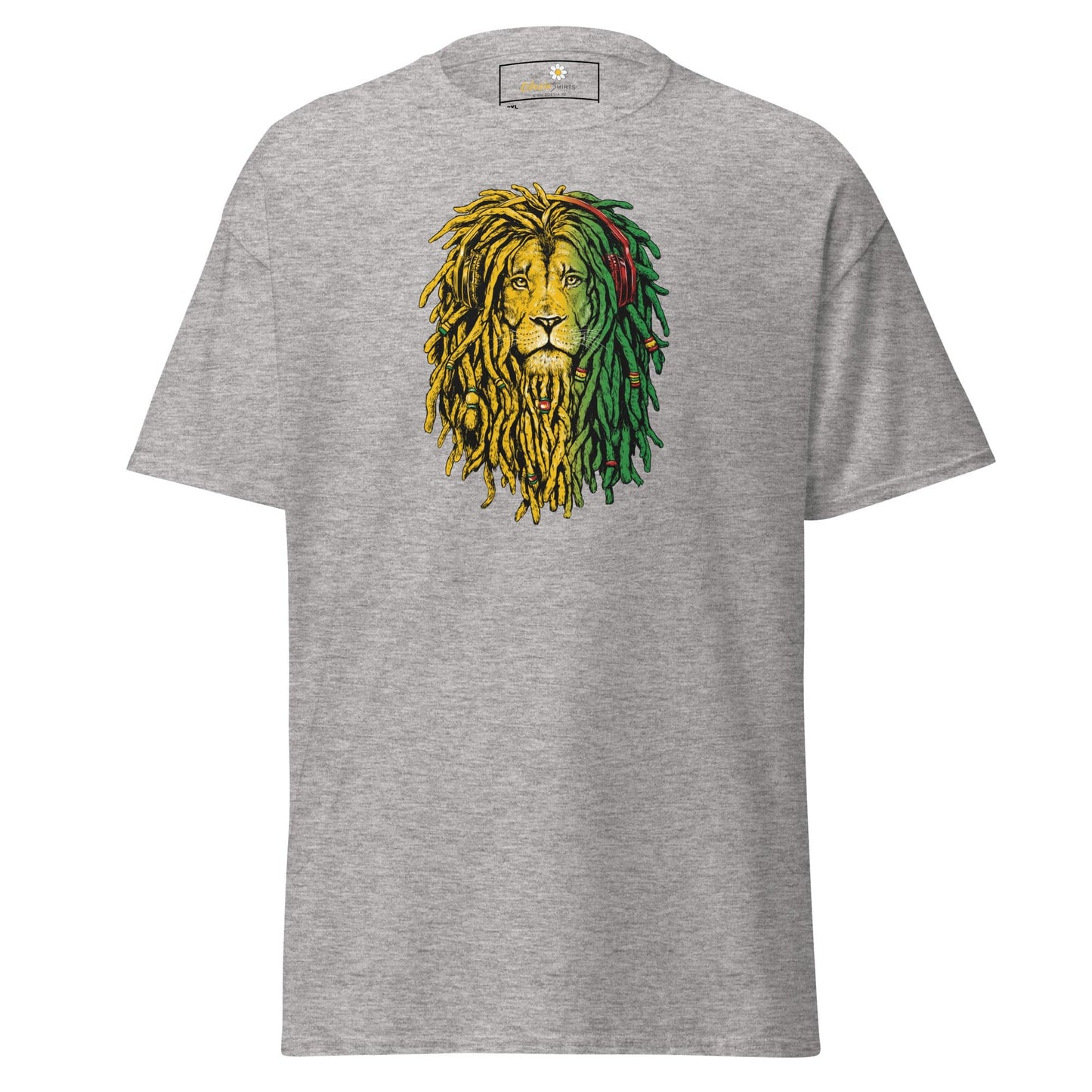 Gray t-shirt with lion graphic.