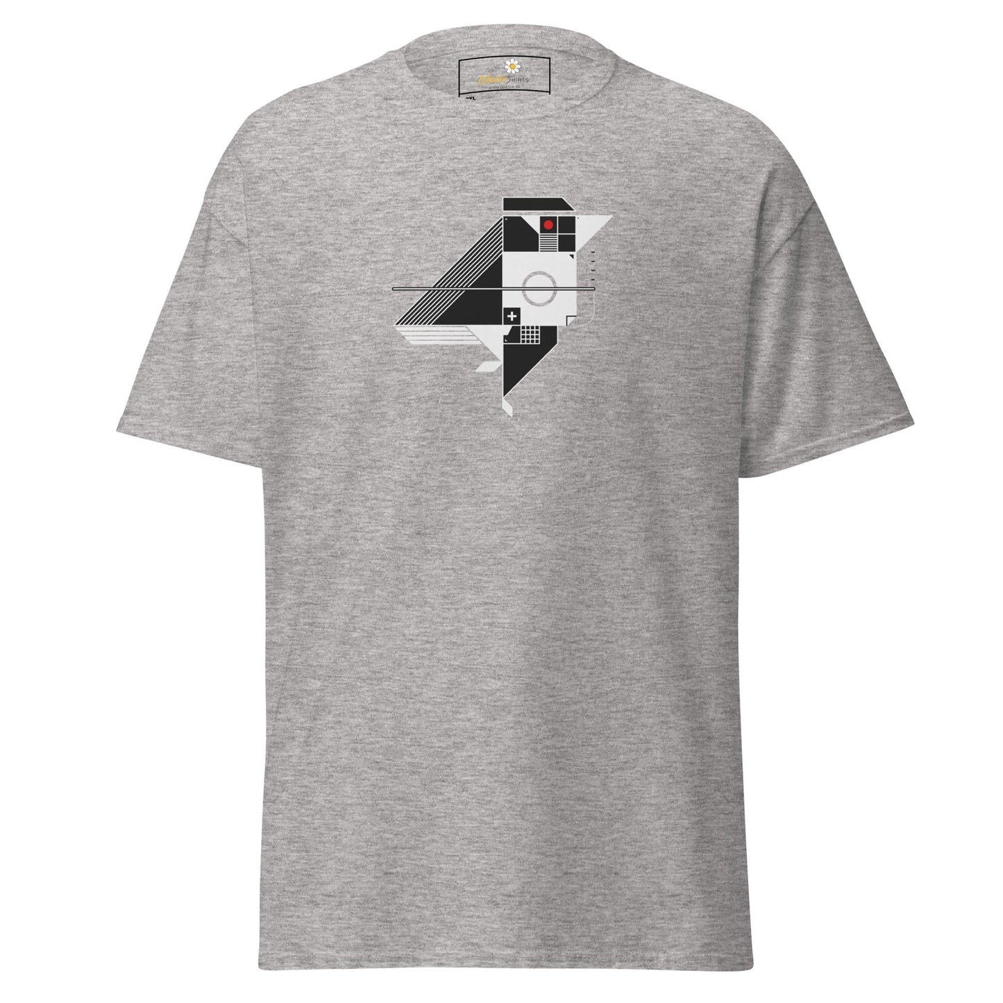 Gray t-shirt with geometric design.