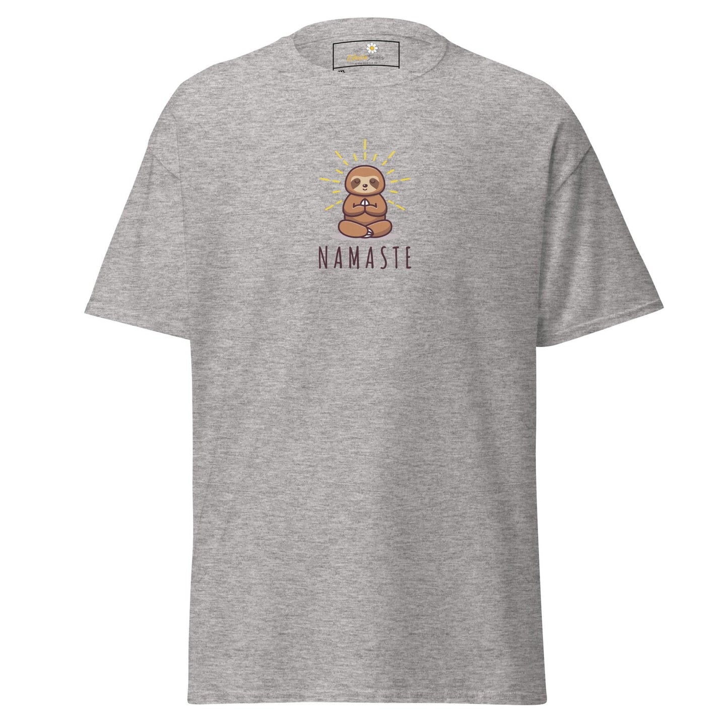 Gray t-shirt with sloth design.