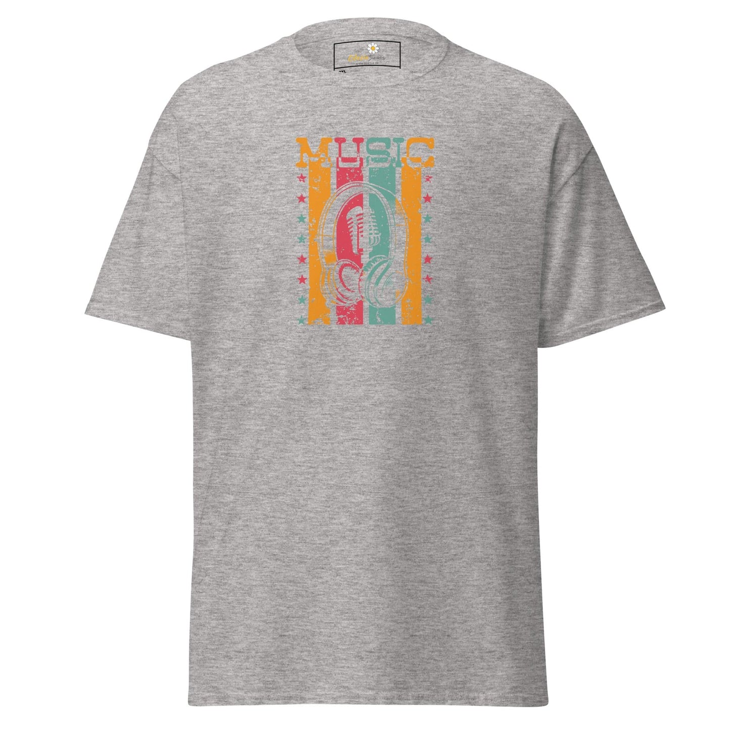 Gray t-shirt featuring a music graphic from the T-Shirt Design Tee collection for men and women