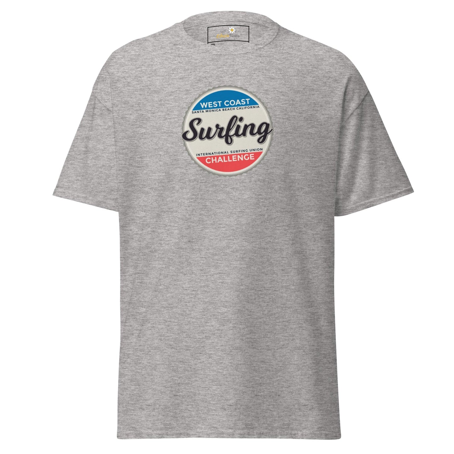 Gray t-shirt with surfing graphic.