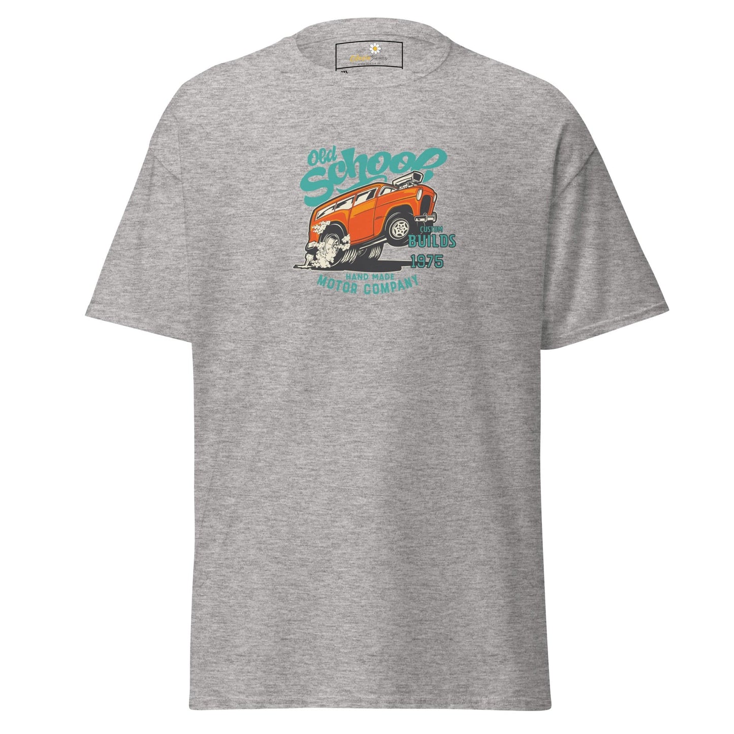 Gray t-shirt with car graphic.