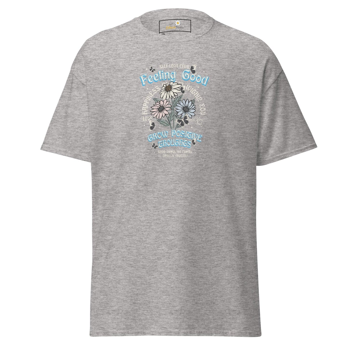 Gray t-shirt with floral graphic.