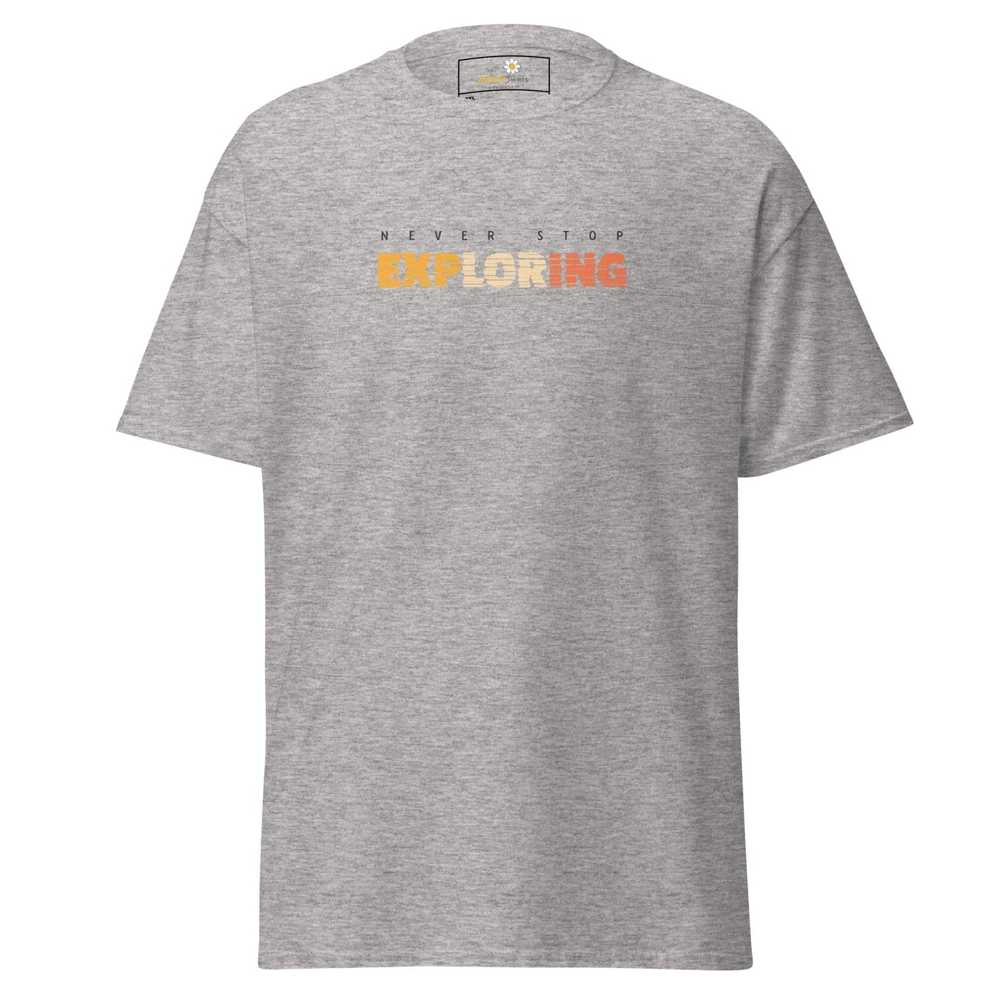 Gray T-shirt featuring Never Stop Exploring text, available in Men and Women sizes 2XL to 5XL