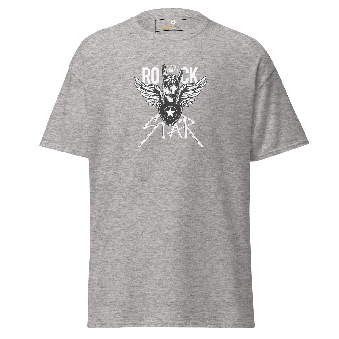 Gray T-shirt featuring a rock star graphic, suitable for men and women in size 2XL to 5XL