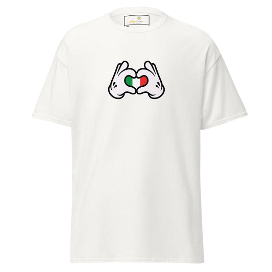 White t-shirt with heart-shaped hands.