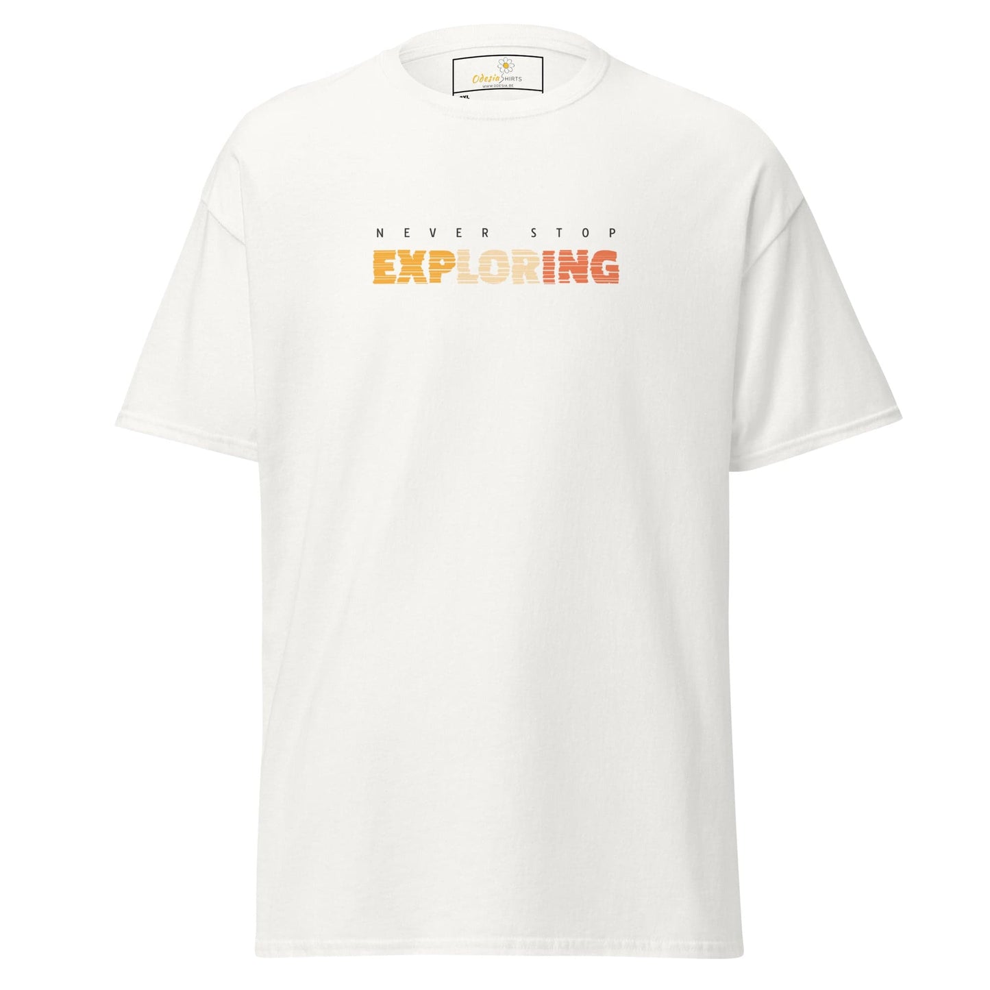 White T-shirt with Never Stop Exploring text from T-SHIRT DESIGN TEE for Men and Women