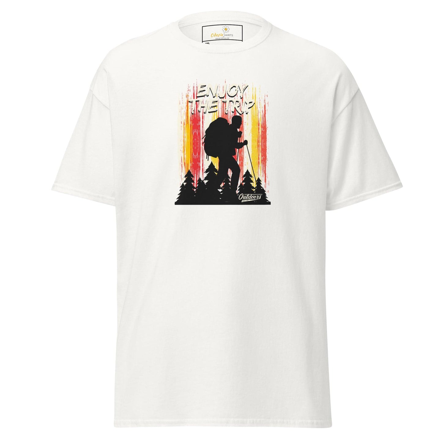 White t-shirt with hiker graphic.
