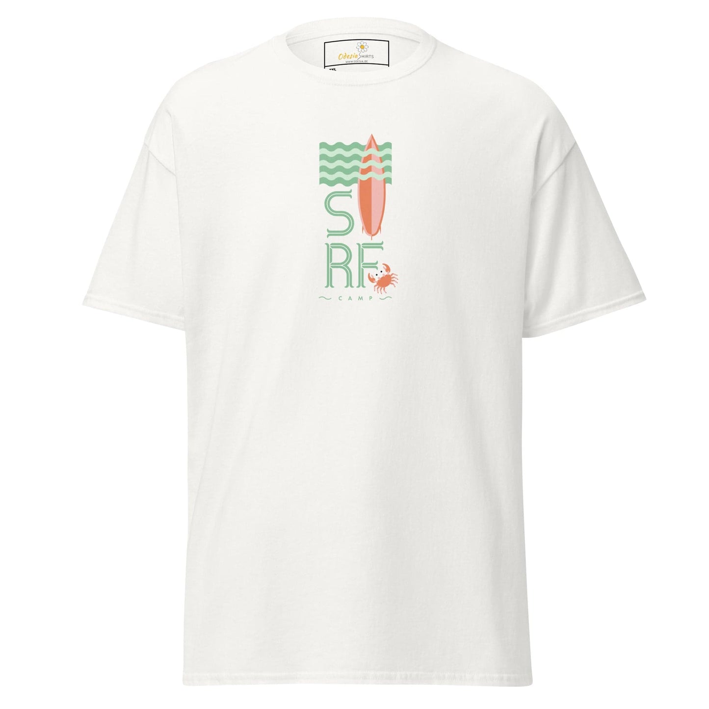 White t-shirt with surf design.