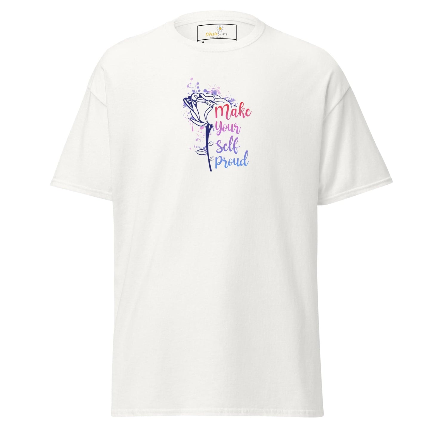 White T-shirt with rose graphic and text, available in Men and Women sizes 2XL to 5XL