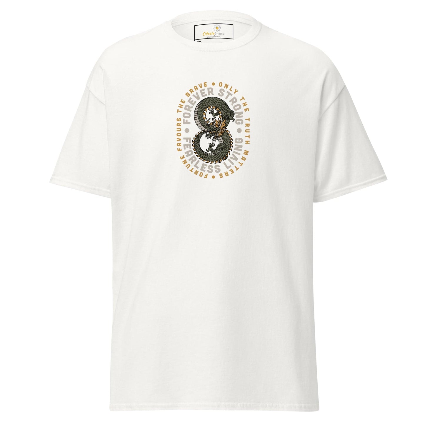 White graphic t-shirt.